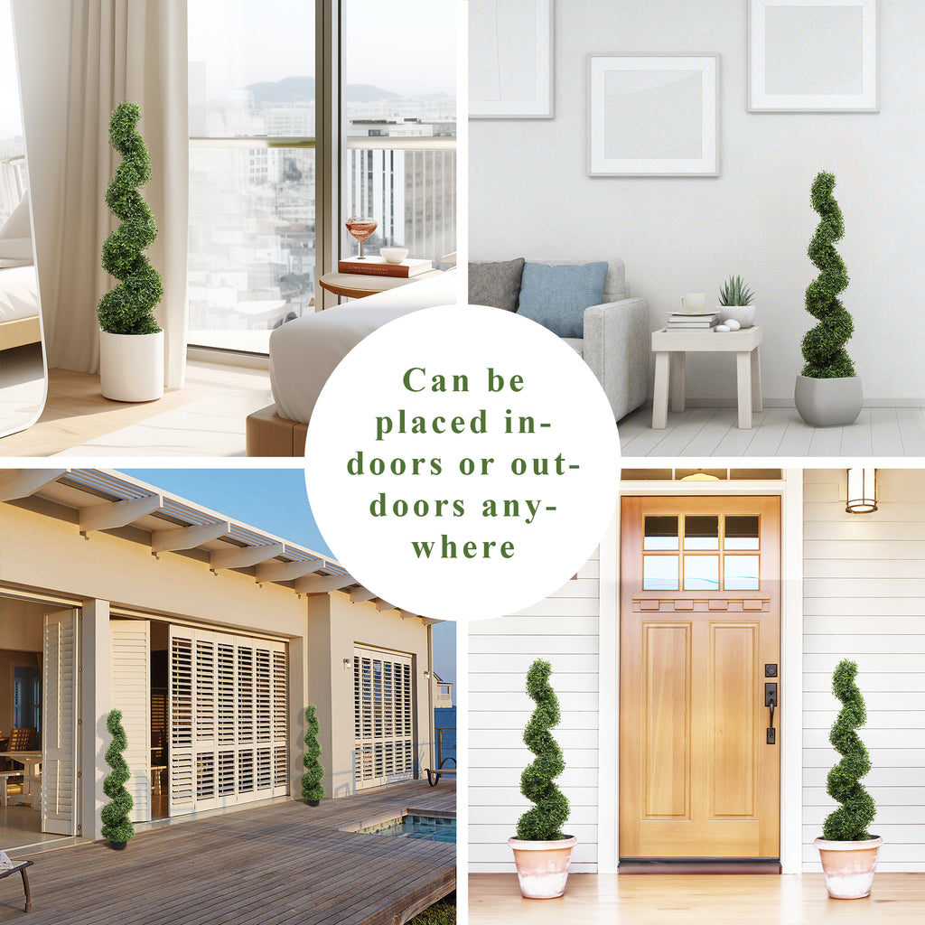 pair of 43 inch faux boxwood spiral trees flanking front entrance door creating classic formal evergreen welcome