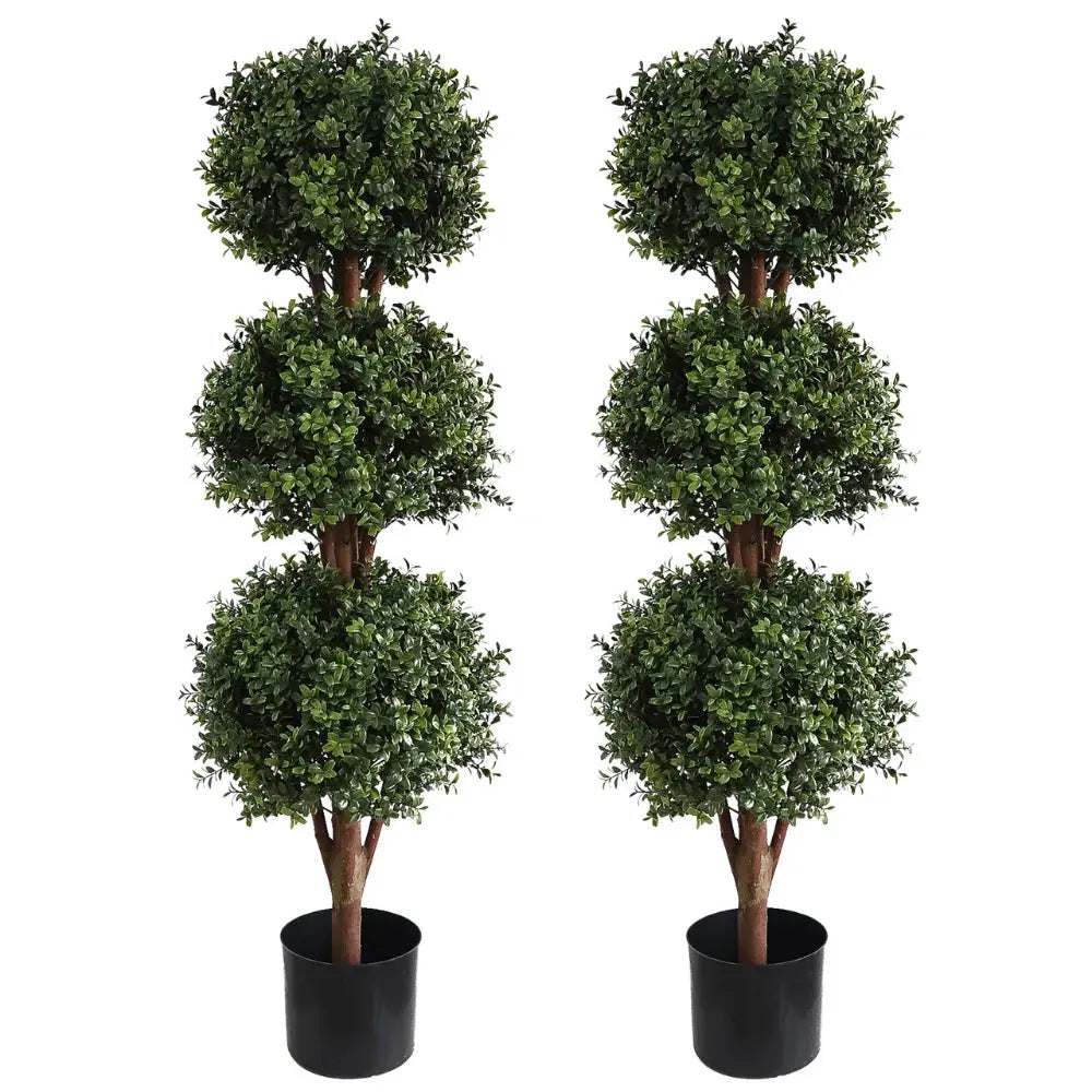 2 pack 46.5 inch artificial triple ball boxwood trees side by side showing matching 3 tier spherical canopies for symmetrical display