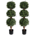 2 pack 46.5 inch artificial triple ball boxwood trees side by side showing matching 3 tier spherical canopies for symmetrical display