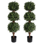 2 pack 46.5 inch artificial triple ball boxwood trees side by side showing matching 3 tier spherical canopies for symmetrical display