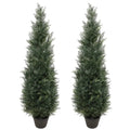 2 pack 49 inch artificial topiary cedar trees side by side showing tall pyramid cone shape with dense evergreen foliage