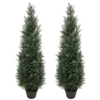 2 pack 49 inch artificial topiary cedar trees side by side showing tall pyramid cone shape with dense evergreen foliage
