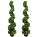 2 pack 43 inch artificial boxwood spiral topiary trees side by side showing classic spiral trunk with dense green ball canopies