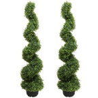 2 pack 43 inch artificial boxwood spiral topiary trees side by side showing classic spiral trunk with dense green ball canopies