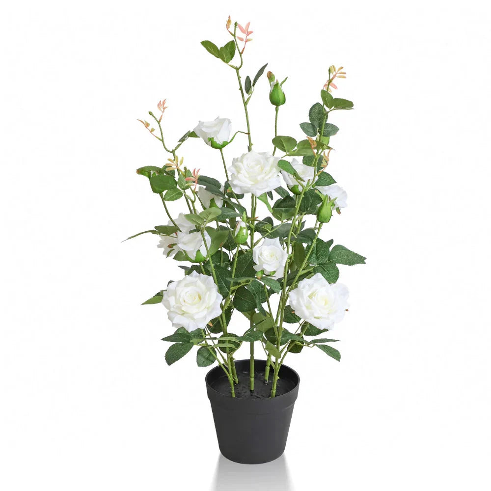 27 inch artificial white rose flowers full view showing multiple blooming stems with layered white petals and green leaves
