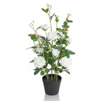 27 inch artificial white rose flowers full view showing multiple blooming stems with layered white petals and green leaves