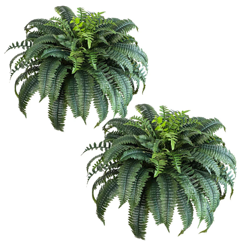 2 pack 48 inch artificial boston fern plants showing lush cascading fronds in hanging baskets side by side