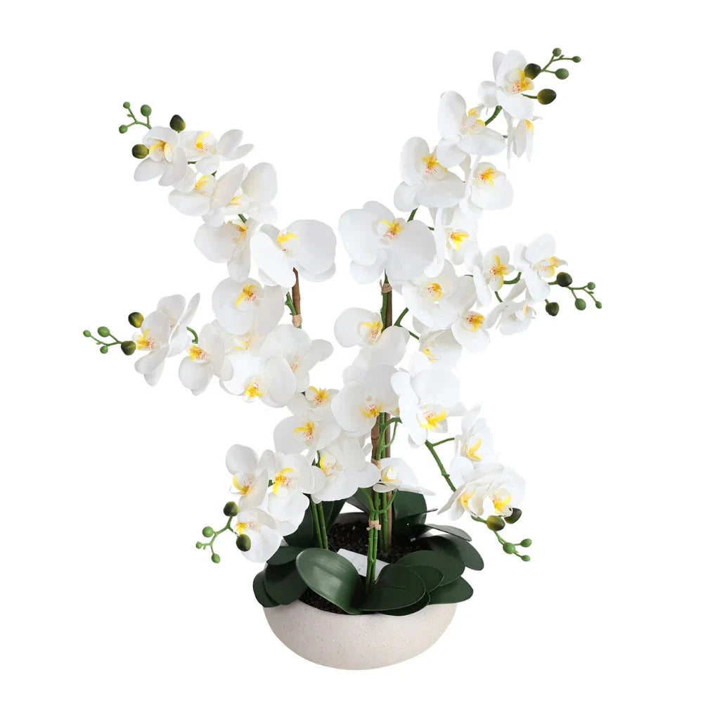 24 inch artificial white phalaenopsis orchid plant in white planter full view showing compact size with arching stem and blooms