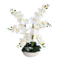 24 inch artificial white phalaenopsis orchid plant in white planter full view showing compact size with arching stem and blooms