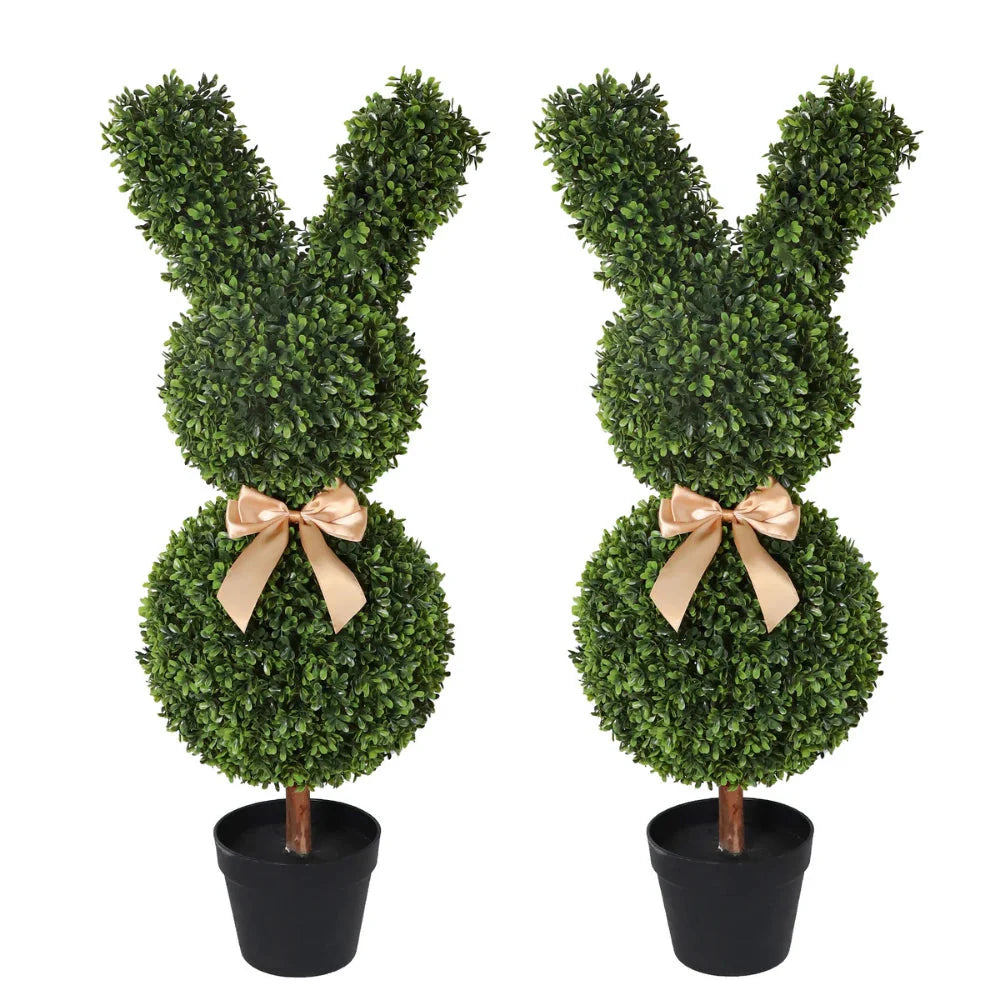 2 pack 36 inch easter bunny topiary trees side by side showing rabbit shaped greenery with bow ties and floppy ears
