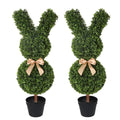 2 pack 36 inch easter bunny topiary trees side by side showing rabbit shaped greenery with bow ties and floppy ears