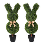 2 pack 36 inch easter bunny topiary trees side by side showing rabbit shaped greenery with bow ties and floppy ears