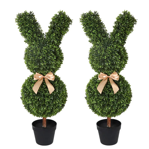 2 pack 36 inch easter bunny topiary trees side by side showing rabbit shaped greenery with bow ties and floppy ears