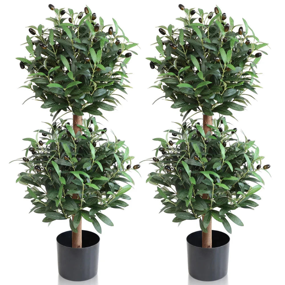 2 pack 35 inch artificial topiary olive double ball trees standing side by side showing two tiered spherical canopies