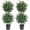 2 pack 35 inch artificial topiary olive double ball trees standing side by side showing two tiered spherical canopies