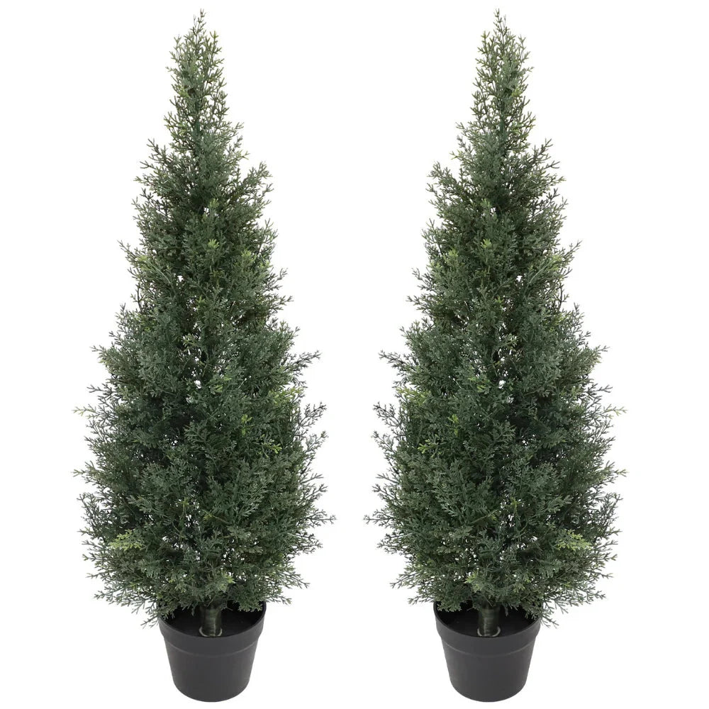 2 pack 37 inch artificial topiary cedar trees standing side by side showing classic pyramid cone shape with dense green foliage