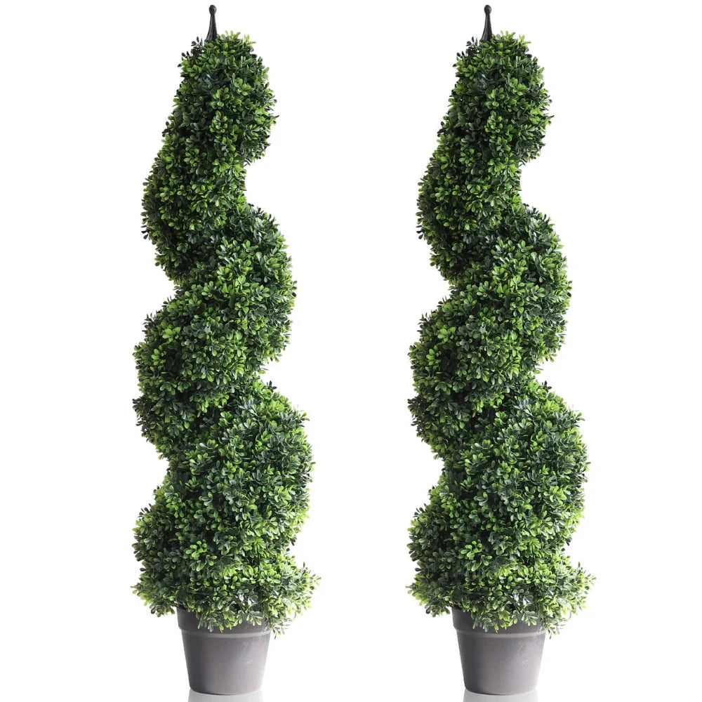 2 pack 43 inch dark green boxwood spiral topiary trees side by side showing classic spiral trunk with dense green ball canopies