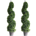 2 pack 43 inch dark green boxwood spiral topiary trees side by side showing classic spiral trunk with dense green ball canopies