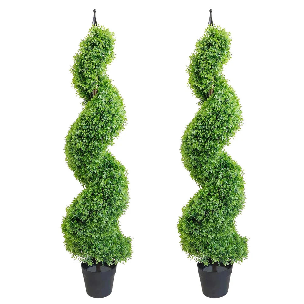 2 pack 43 inch elegant boxwood spiral topiary trees side by side showing tall classic spiral with dense green ball canopies