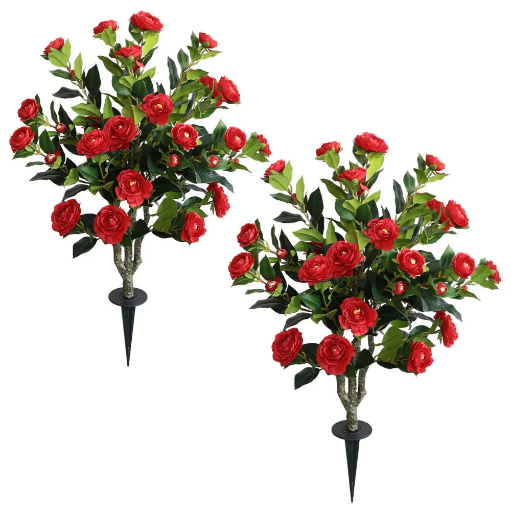 2 pack 37 inch artificial red camellia spike trees standing side by side showing vibrant red flowers and glossy green leaves