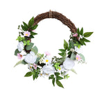 17 inch artificial white rose wreath on natural twig base full front view with clustered roses and mixed greenery