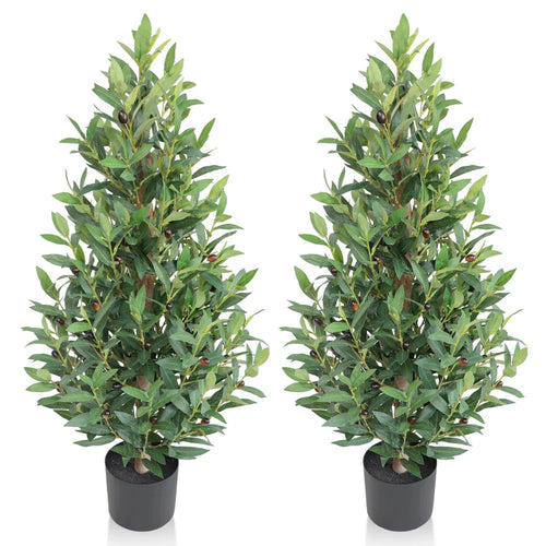 2 pack 35 inch artificial cone topiary olive trees standing side by side showing sleek pyramid shape with silvery green foliage