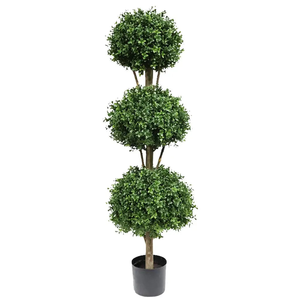 56 inch artificial topiary triple ball boxwood tree full view showing three tiered spherical canopies on single trunk