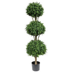 56 inch artificial topiary triple ball boxwood tree full view showing three tiered spherical canopies on single trunk