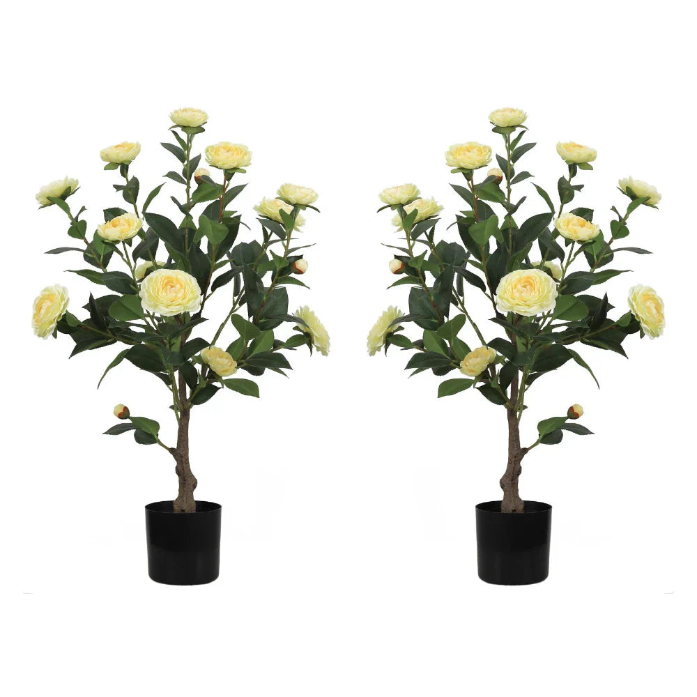 2 Pieces 31.5in(2.6ft) Artificial Topiary Yellow Camellia Tree momoplant