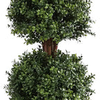 close up of triple ball boxwood topiary showing three rounded green spheres stacked vertically from base to top