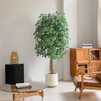 dense green rounded canopy of extra tall artificial topiary with small glossy ficus leaves and perfectly shaped ball