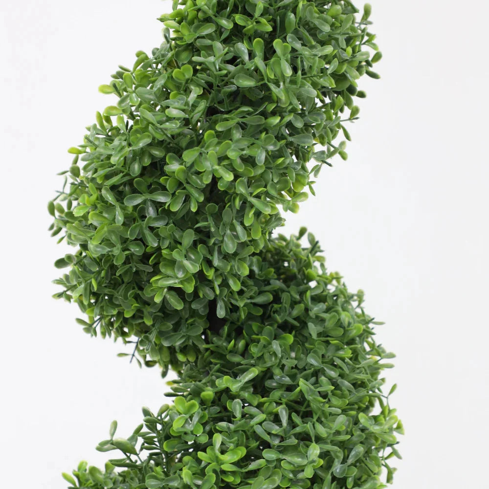 detailed view of artificial boxwood leaves showing small round glossy green leaves characteristic of buxus sempervirens