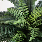 pair of 48 inch artificial boston ferns hanging on covered porch flanking front door creating welcoming entrance
