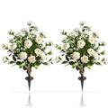 2 pack 36 inch artificial white camellia spike trees side by side showing pristine white blooms and narrow upright form