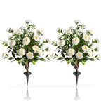 2 pack 36 inch artificial white camellia spike trees side by side showing pristine white blooms and narrow upright form