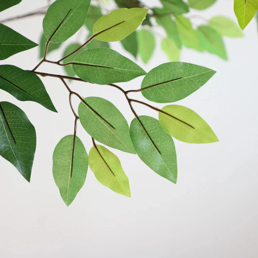 94.5 inch faux ficus tree in corner of large living room with vaulted ceiling filling empty vertical space perfectly
