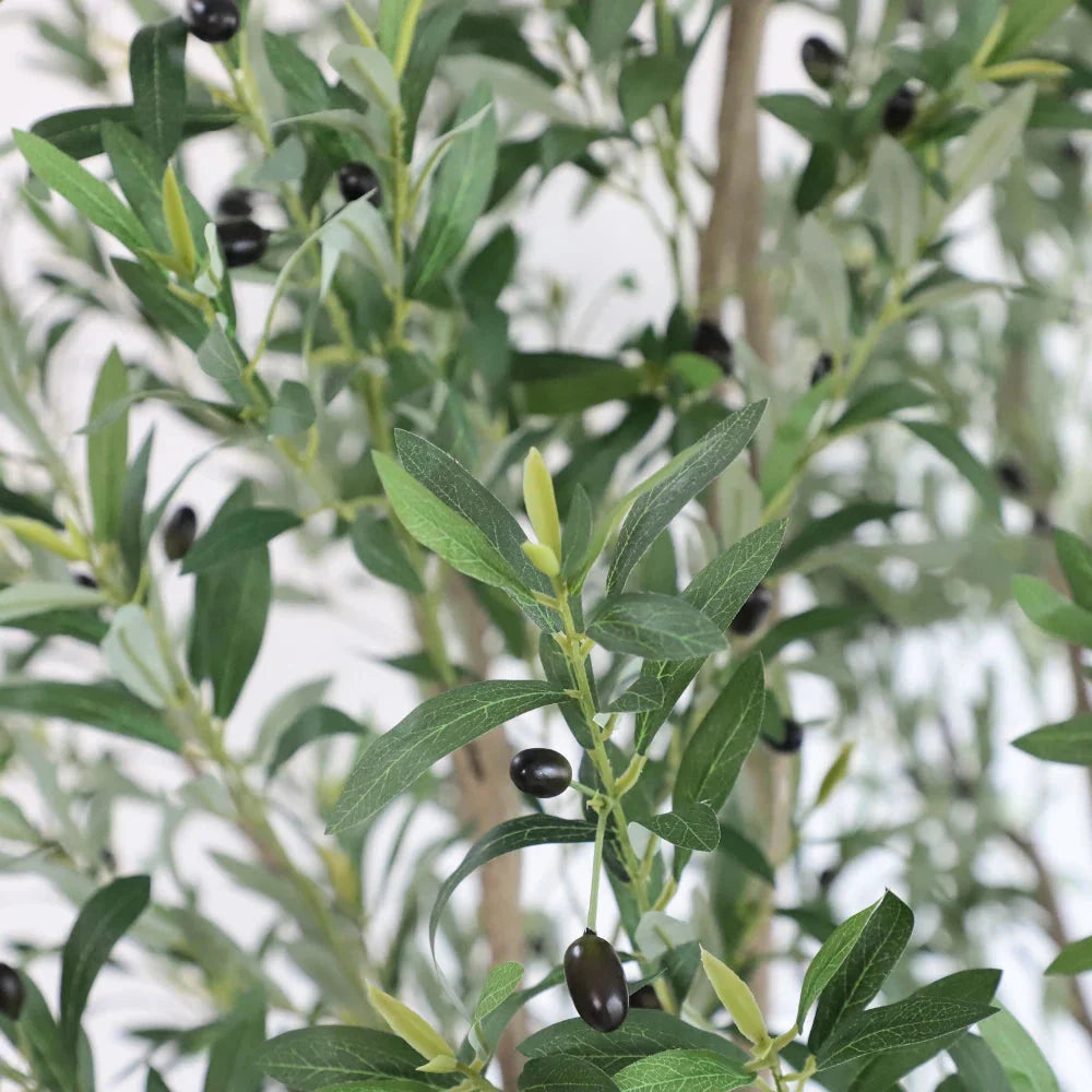 tall artificial olive tree in commercial building atrium with multiple floor balconies overlooking the tree