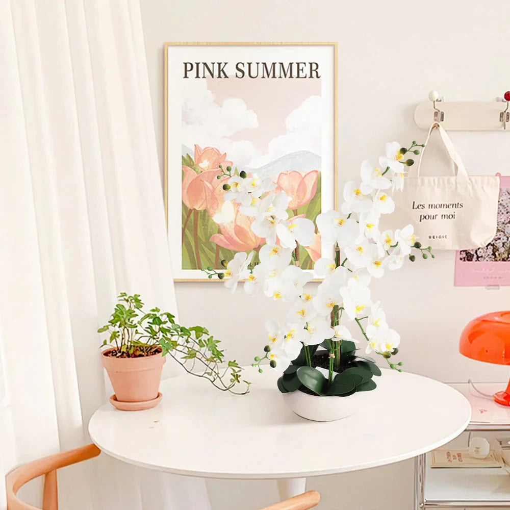 compact artificial orchid as centerpiece on small dining table or kitchen island for everyday elegance