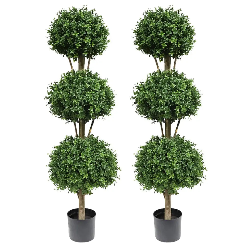 single trunk of 56 inch faux boxwood topiary supporting three perfectly rounded ball canopies