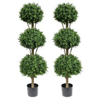 single trunk of 56 inch faux boxwood topiary supporting three perfectly rounded ball canopies