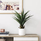 close up of faux sansevieria leaf on 27 inch plant showing thick succulent texture, dark green color, and thin yellow edge