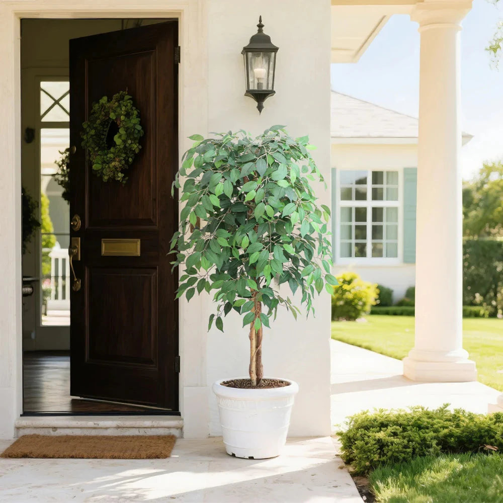single trunk topiary tree with layered ball canopy at top standing 63 inches tall in decorative pot