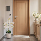 42 inch faux white orchid in white planter on modern console table in living room with neutral decor and natural light