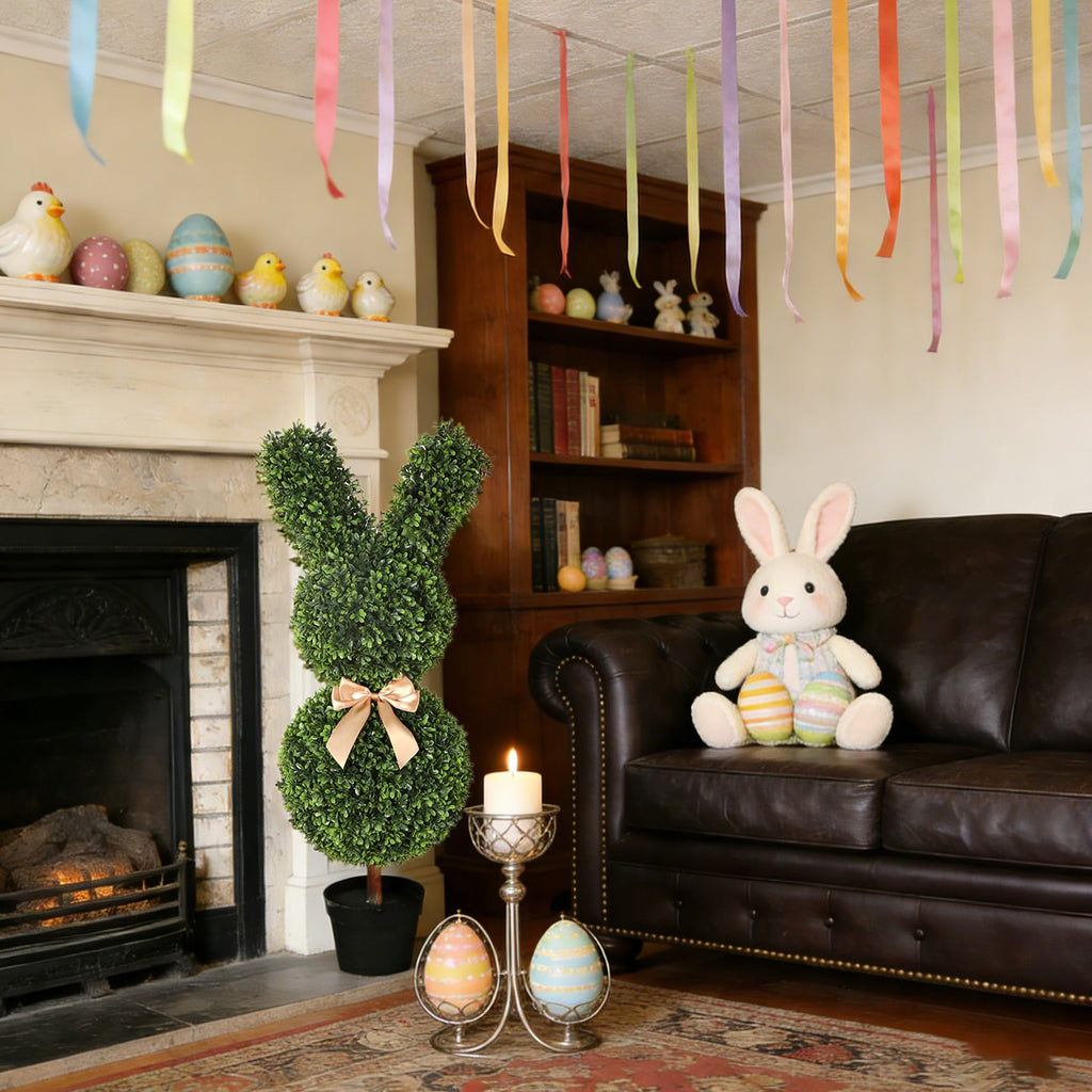 2 pack artificial bunny topiaries at store entrance or flower shop for seasonal easter window display