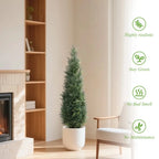 single 49 inch tall faux cedar topiary tree with tapered pyramid form and layered evergreen branches from base to tip