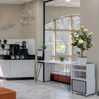 two yellow camellia topiary trees in living room corners adding cheerful bright color to neutral decor