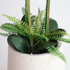 arching stem of faux white orchid with 8 to 10 butterfly shaped blooms arranged alternately on single stalk