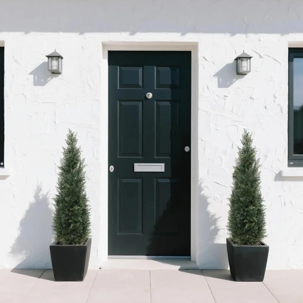 pair of 49 inch tall faux pyramid cedar trees flanking front entrance door creating classic evergreen welcome