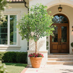 lush dense canopy of tall faux ficus tree showing hundreds of broad green leaves creating full tropical appearance