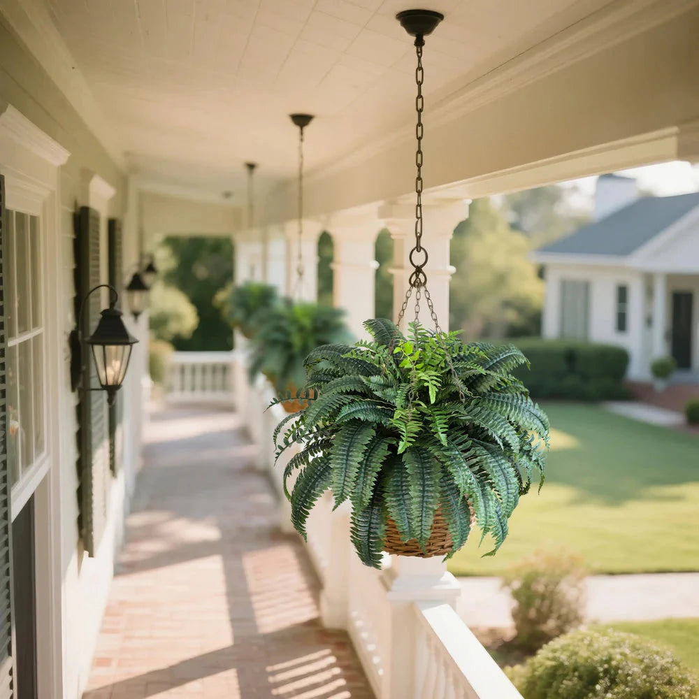 close up of artificial boston fern leaves showing small segmented leaflets and bright green color with natural texture